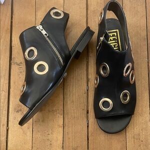 New Black Leather Grommet Slingback Sandals with Side Zip sz39